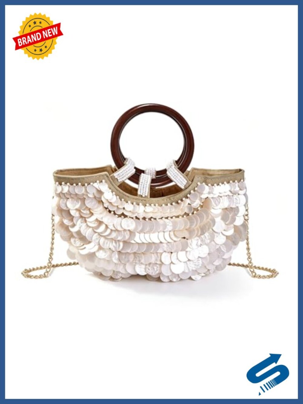 Handmade Shell Beaded Clutch Purse Wooden Ring Handle Evening Beach Bag
